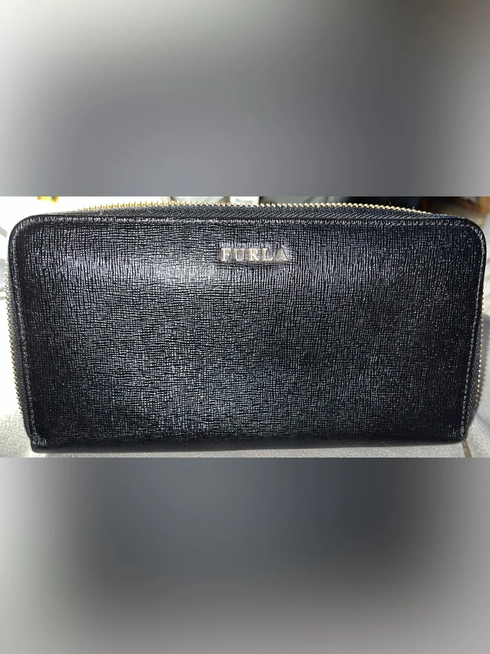 Furla EUC Black Textured Leather Zip-Around Wallet